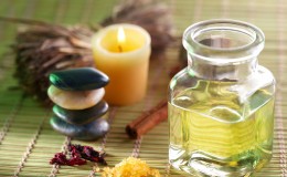 Still life with massage oil in the spa salon